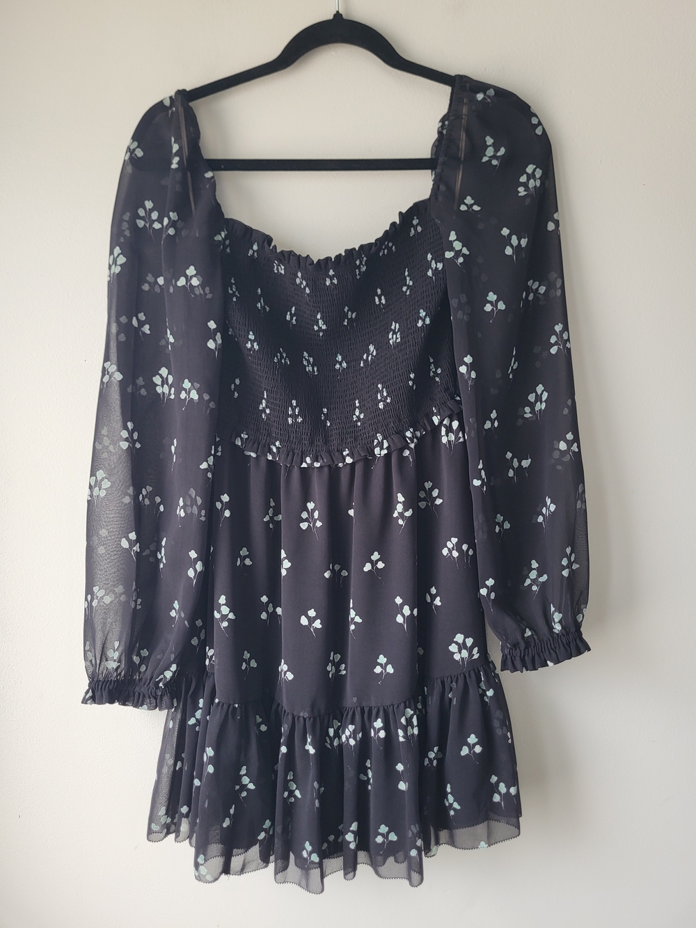 Wilfred Black Floral Smocked Flowy Goth Chic Fairy Grunge Mini Tierd Dress